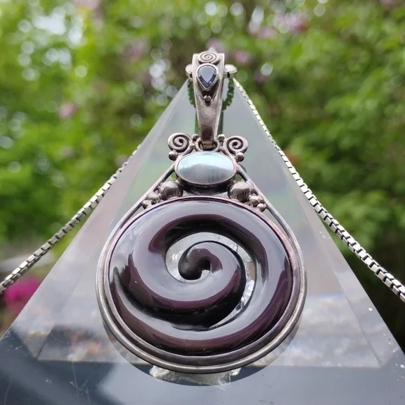 RARE SAJEN Sterling Silver Amethyst Purple Cats Eye Spiral Pearl Pendant w Chain
